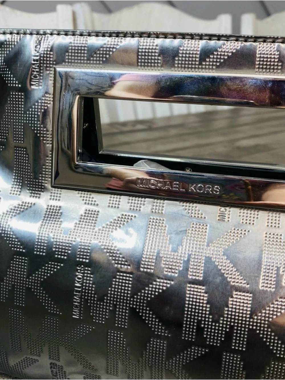 Michael Kors Berkley Signature Mirror Logo Clutch Pewter Metallic